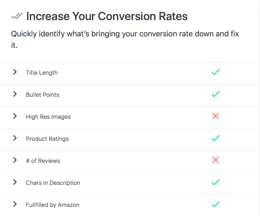 AMZ Tracker chart explaining what is strengthening your product listing and what is making it weak