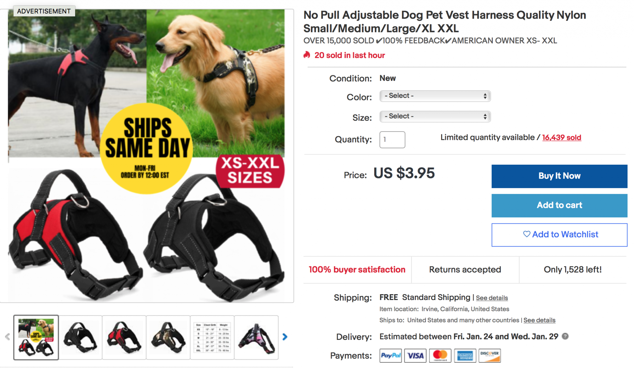 eBay listing optimization - an eBay listing for a dog harness