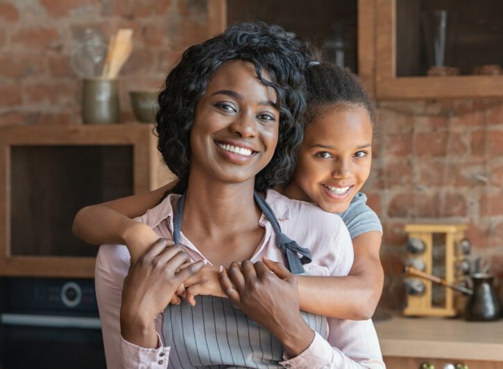 Close mother and daughter bonding at kitchen