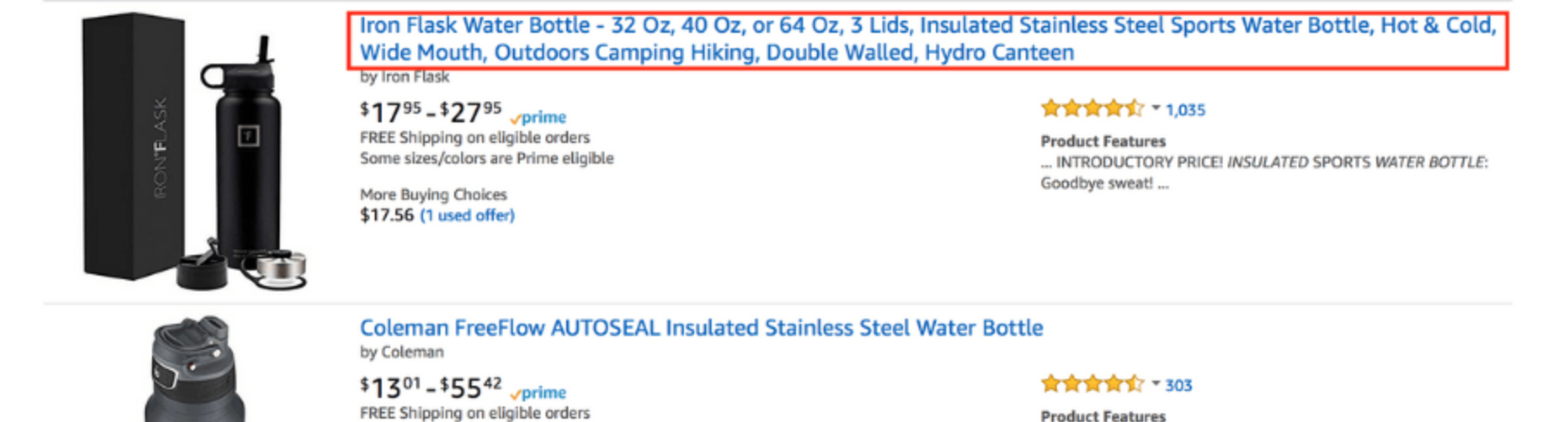 Improve your Amazon title - water bottle example