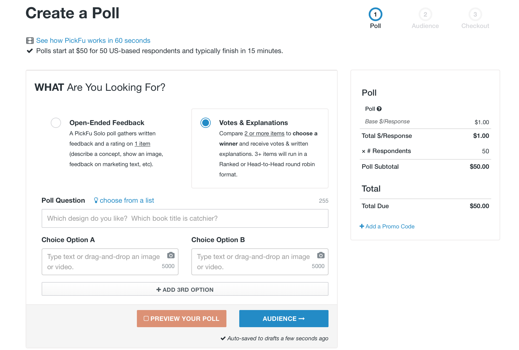 How to conduct e-commerce website testing: Screenshot of how to create a PickFu poll