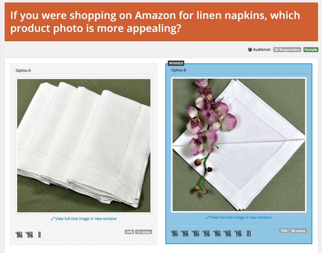 How to conduct e-commerce website testing: PickFu poll comparing linen napkins