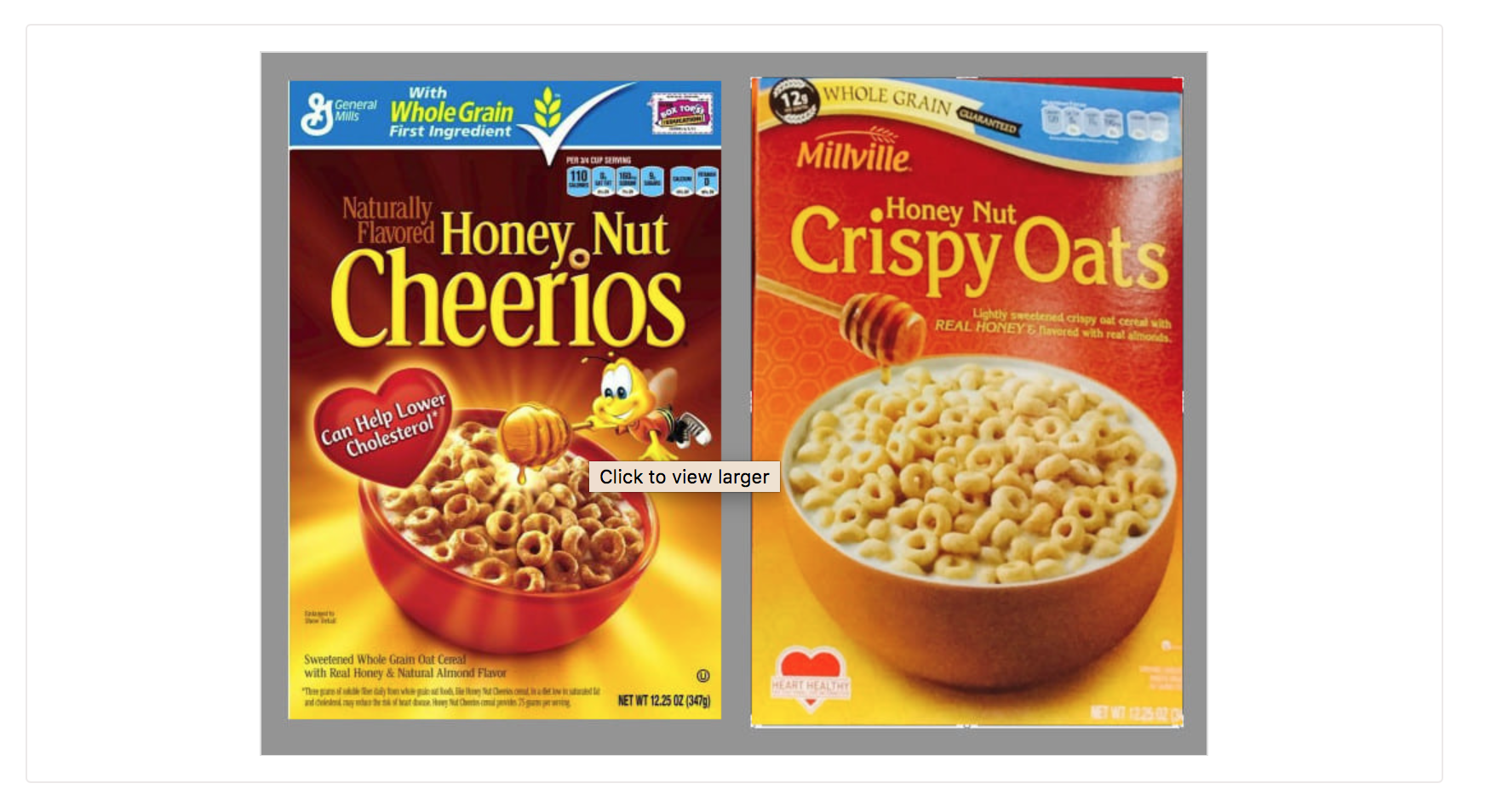 Screenshot comparing breakfast cereals