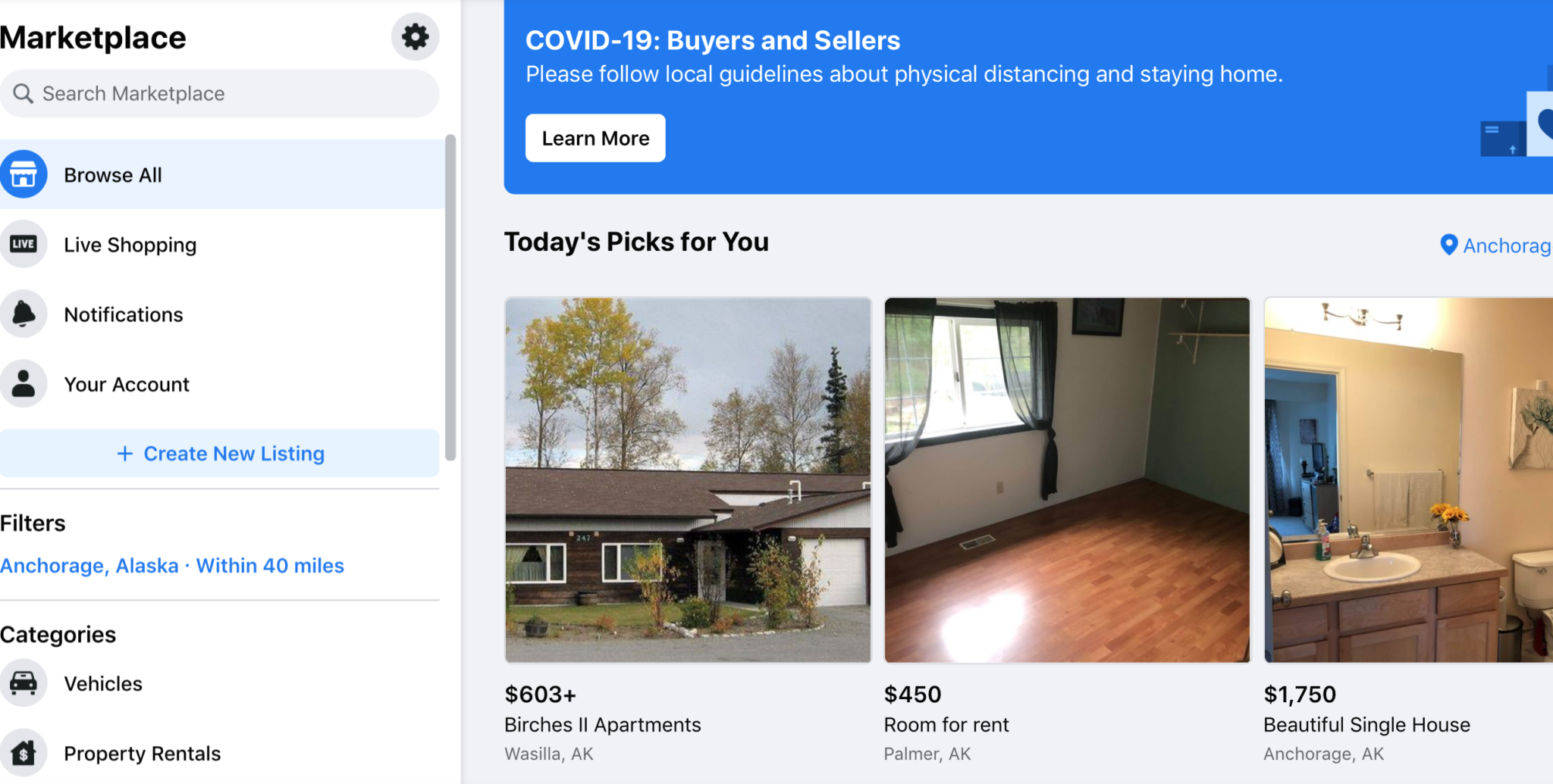 How to sell on Facebook Marketplace:  Screenshot of main page
