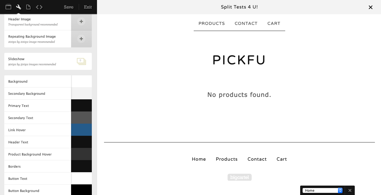 Screenshot of a sample PickFu homepage using a Big Cartel website template 