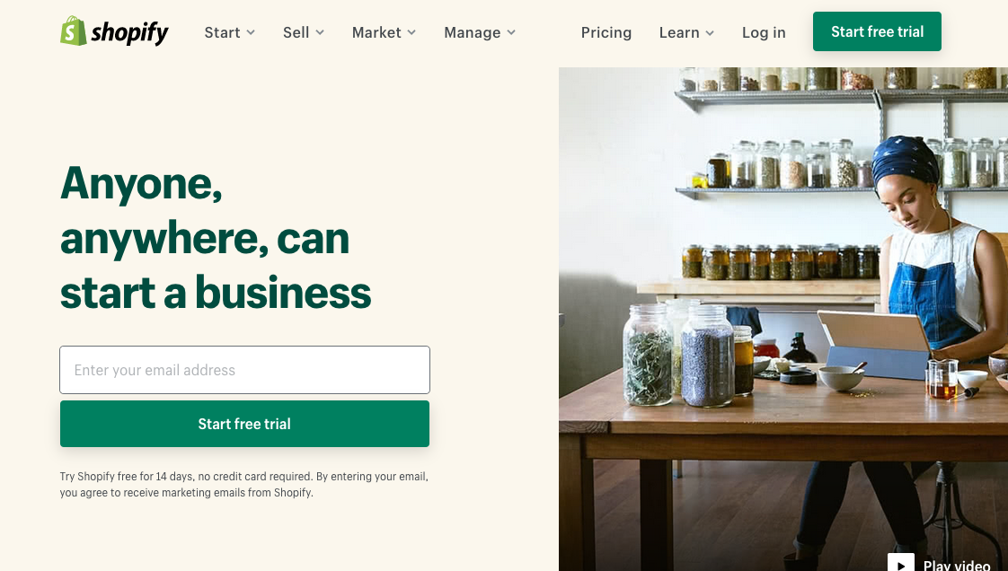 Big Cartel vs. Shopify: Screenshot of Shopify's homepage