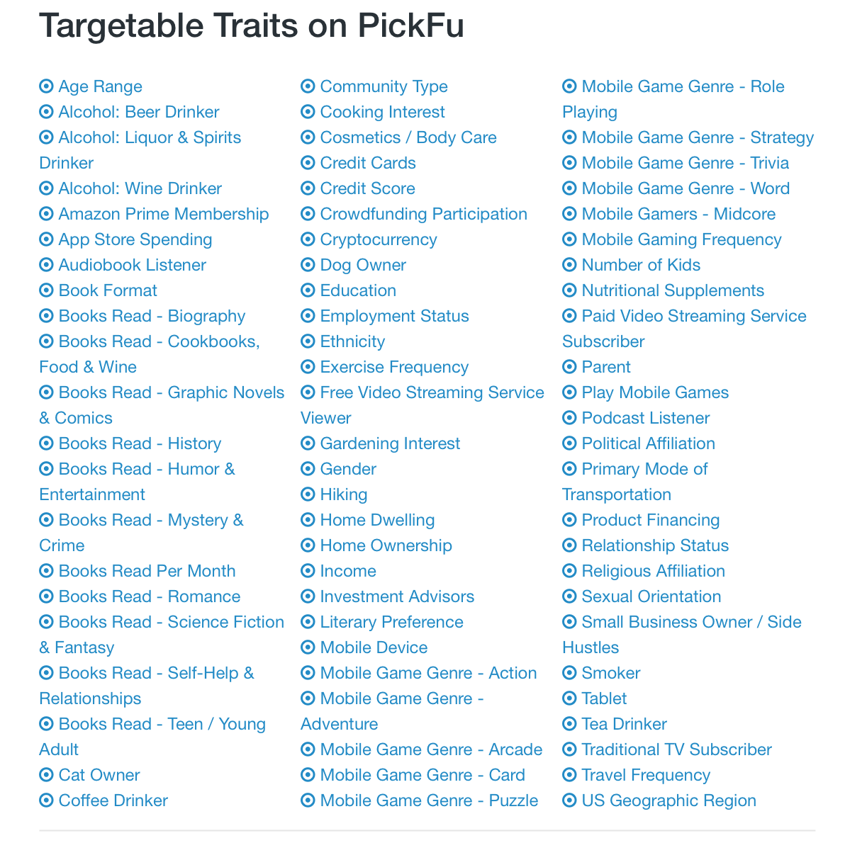 A screenshot shows all of the targetable traits on PickFu. 