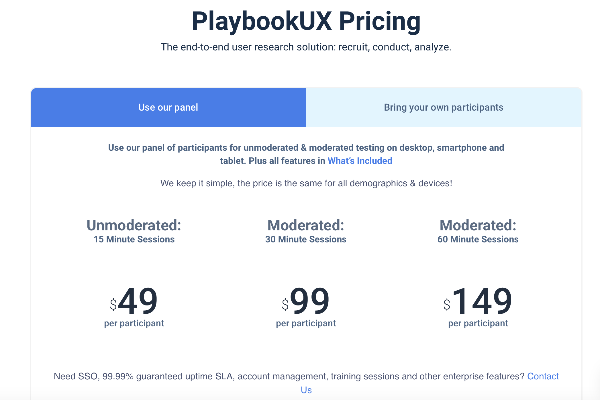 UserTesting alternatives: screenshot of PlaybookUX pricing
