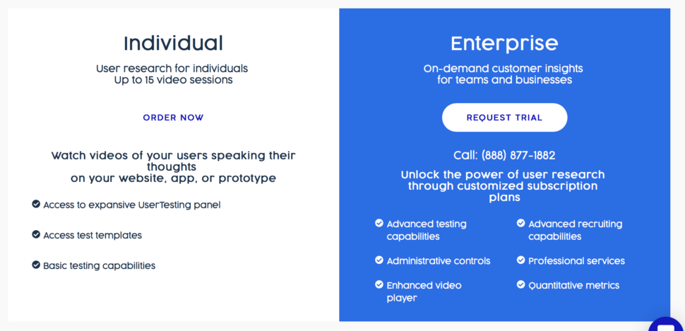 UserTesting alternatives: UserTesting's pricing page