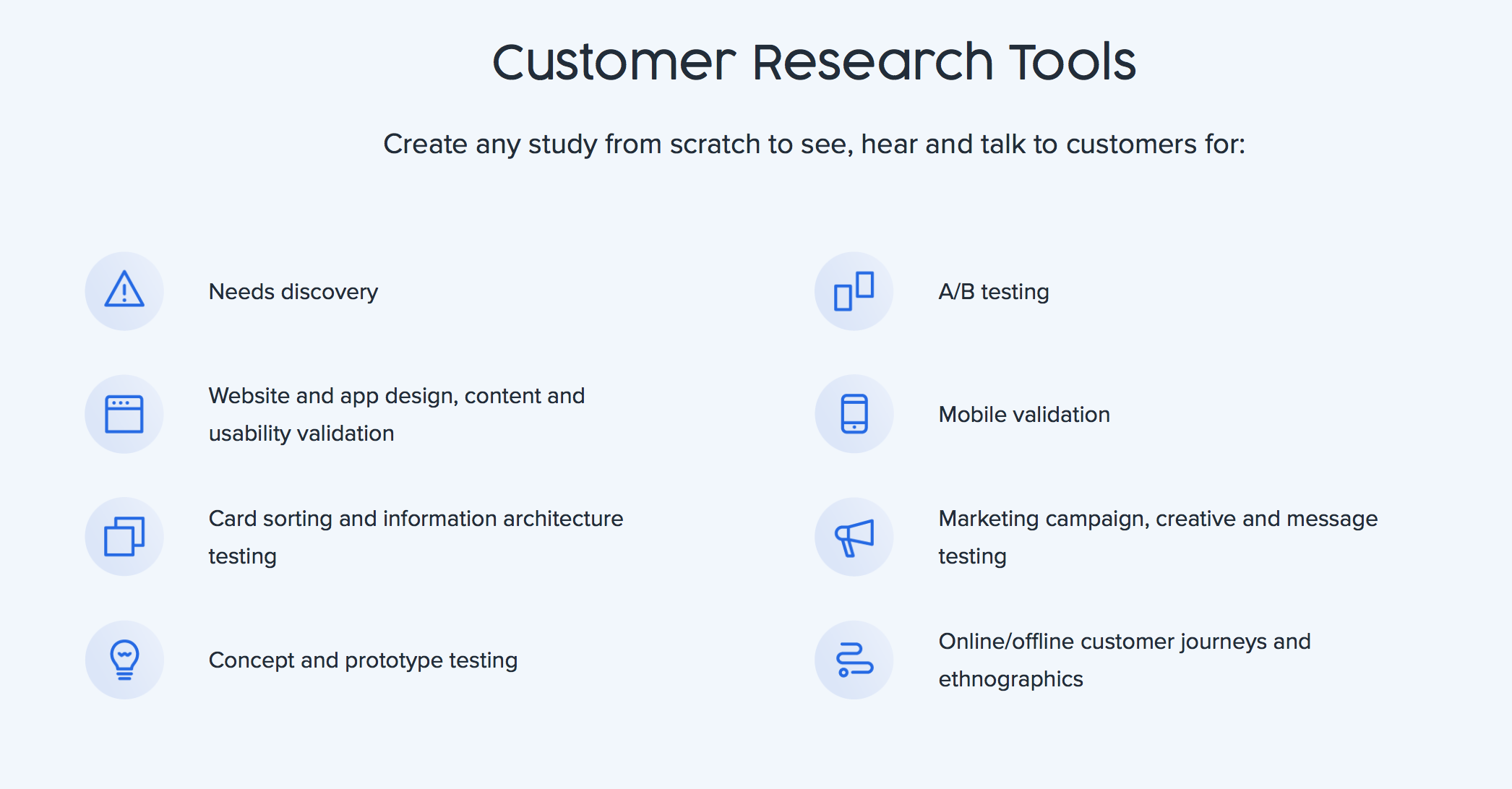 UserTesting alternatives: A page from UserTesting.com showing its customer research tools 