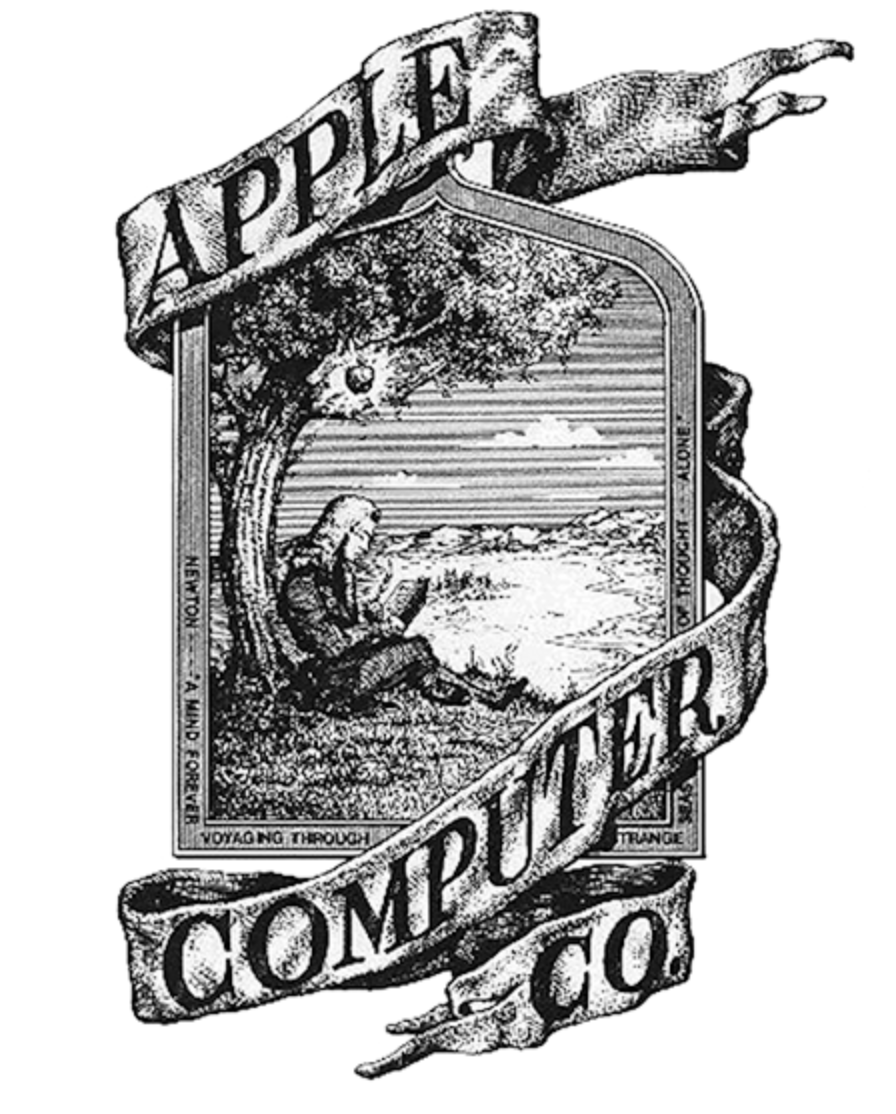 An image of Apple's original logo, depicting Isaac Newton sitting under an apple tree. 