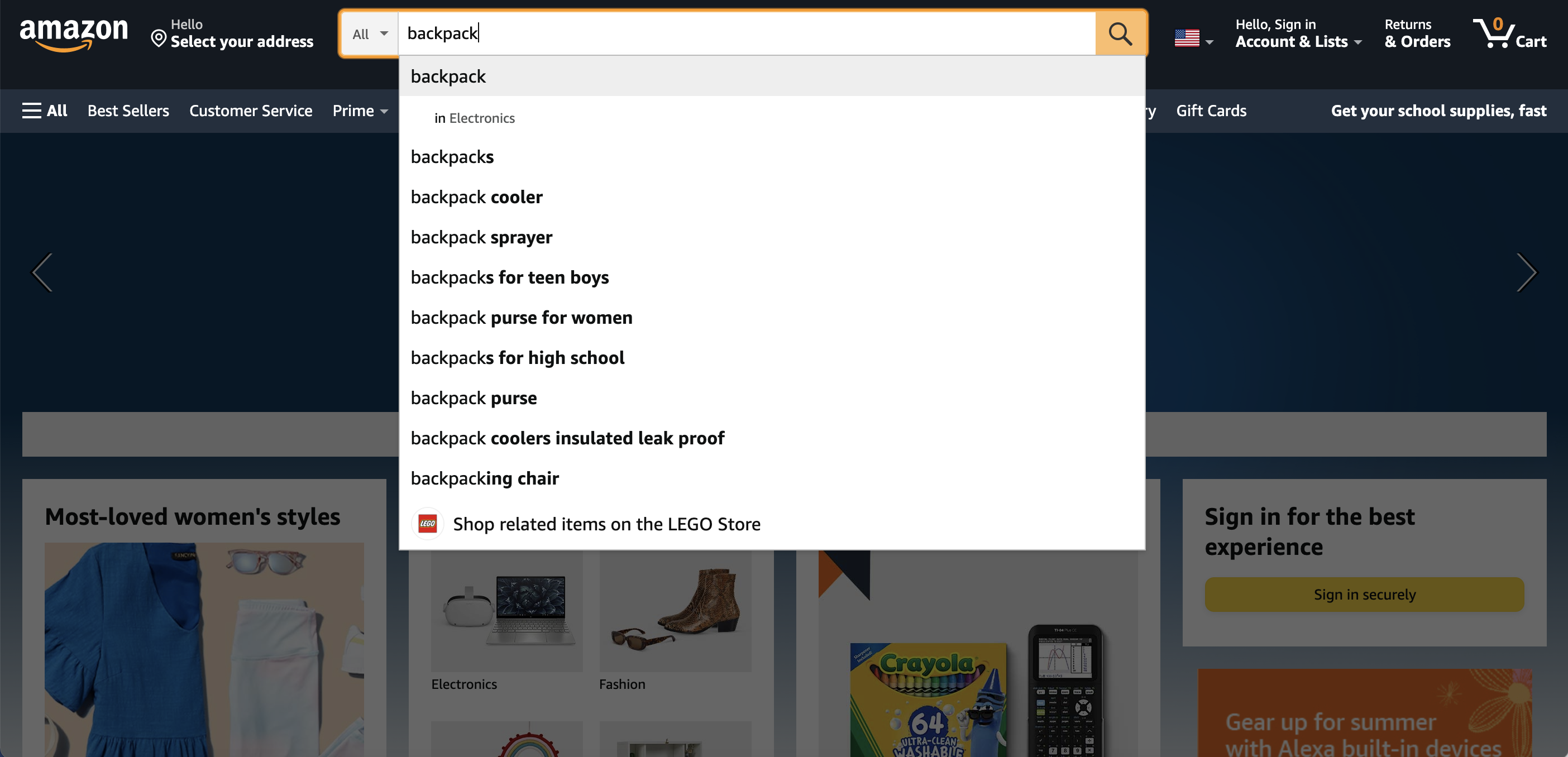 Amazon search for "backpack"