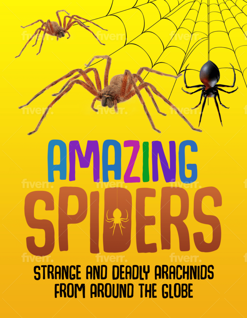 A bright, yellow image of a book called "Amazing Spiders" featuring three large spiders on the cover. 