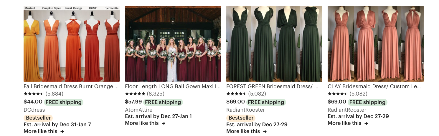 An Etsy listing showing bridesmaids dresses on several listings.