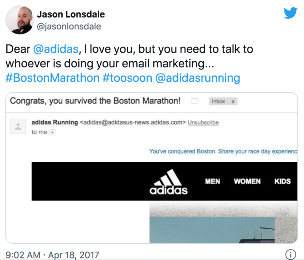 A Twitter post shows the insensitive Boston Marathon email subject line.
