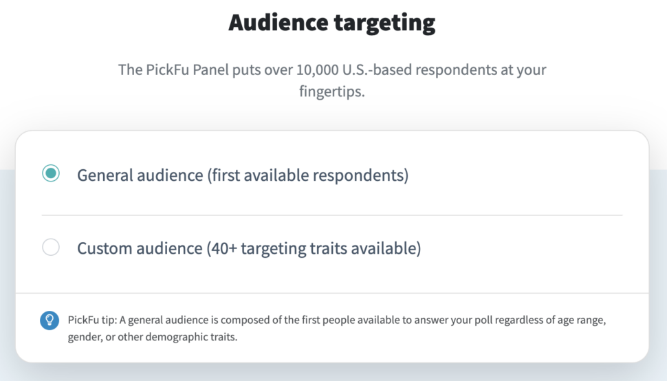 audience targeting option on PickFu Poll Builder screen