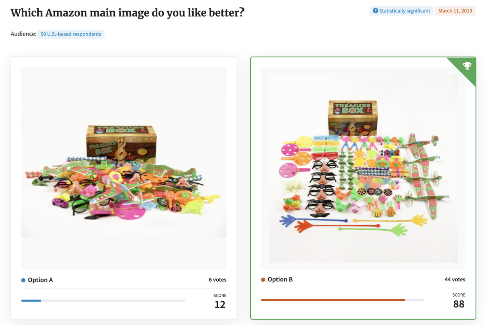 PickFu split test of Amazon main image for a toy treasure box 