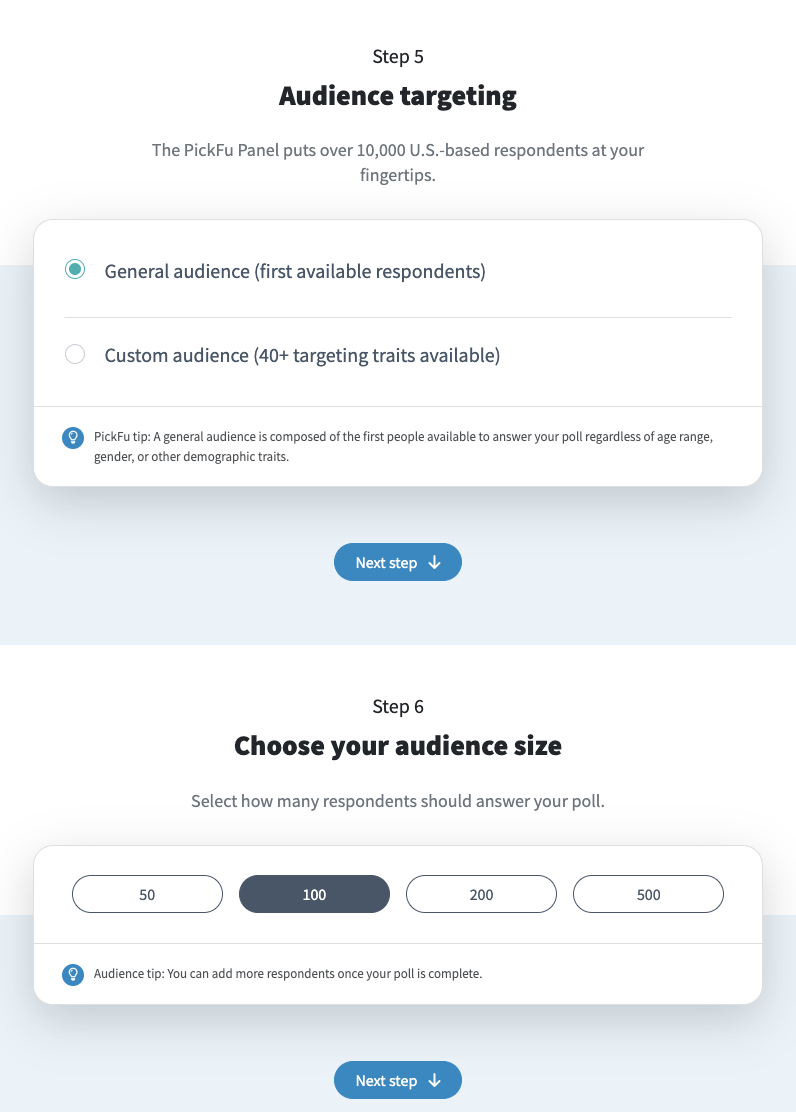PickFu poll builder: choose your audience and size