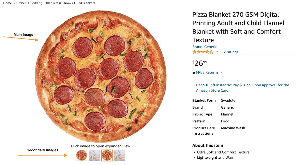Example of Amazon main image and secondary images for a pizza blanket