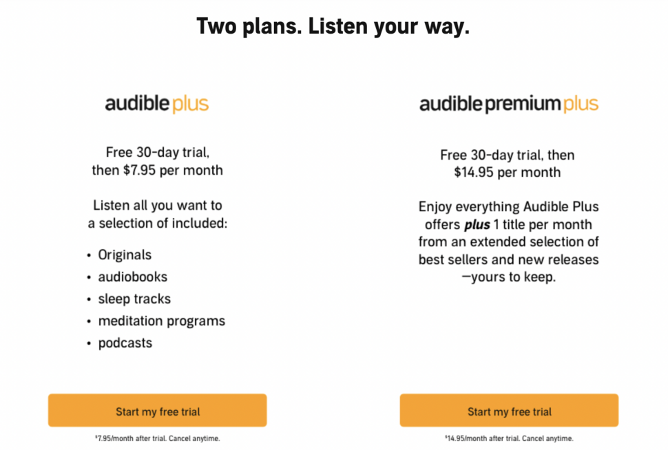 Audible pricing table