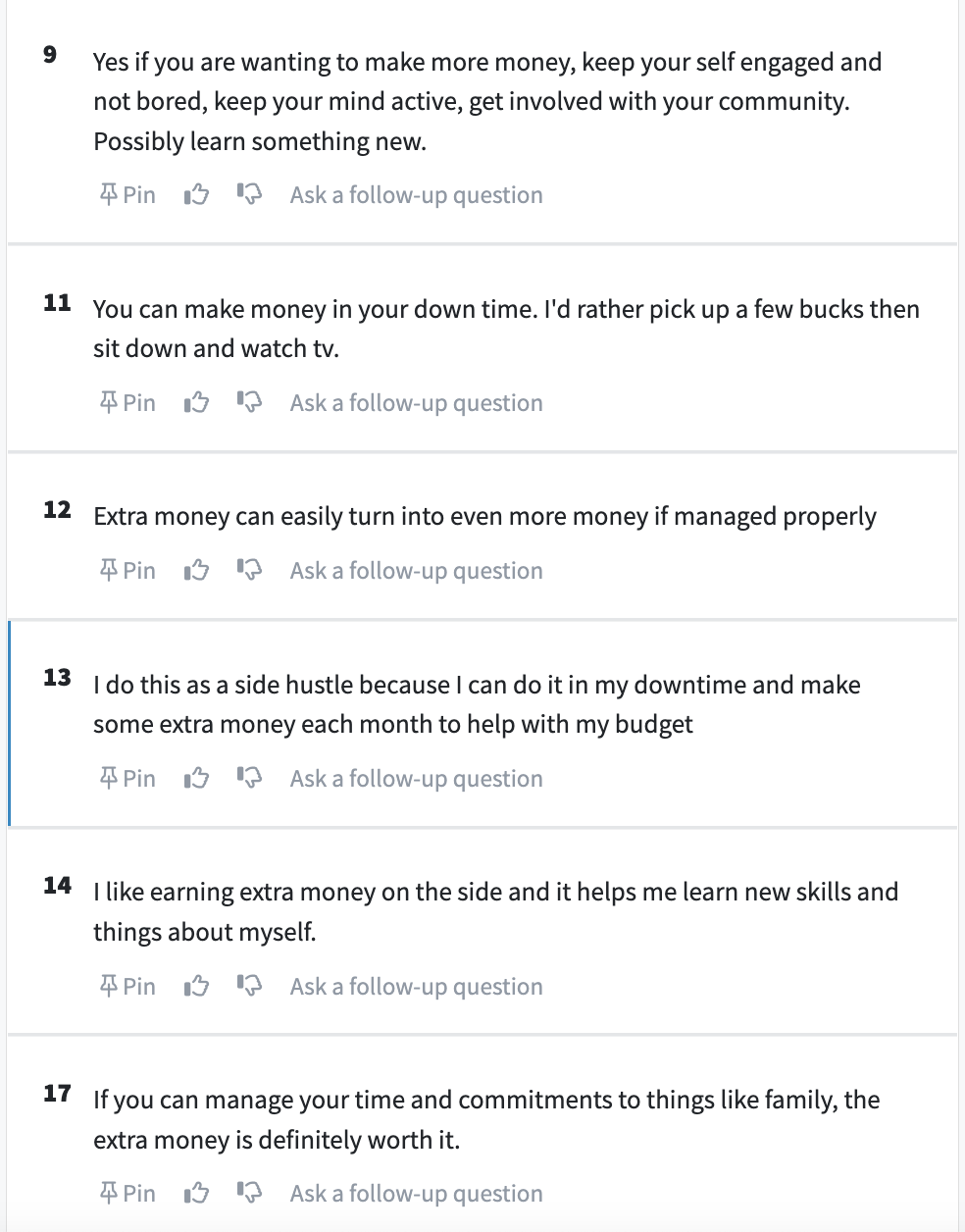 Screenshot of poll comments about side hustles