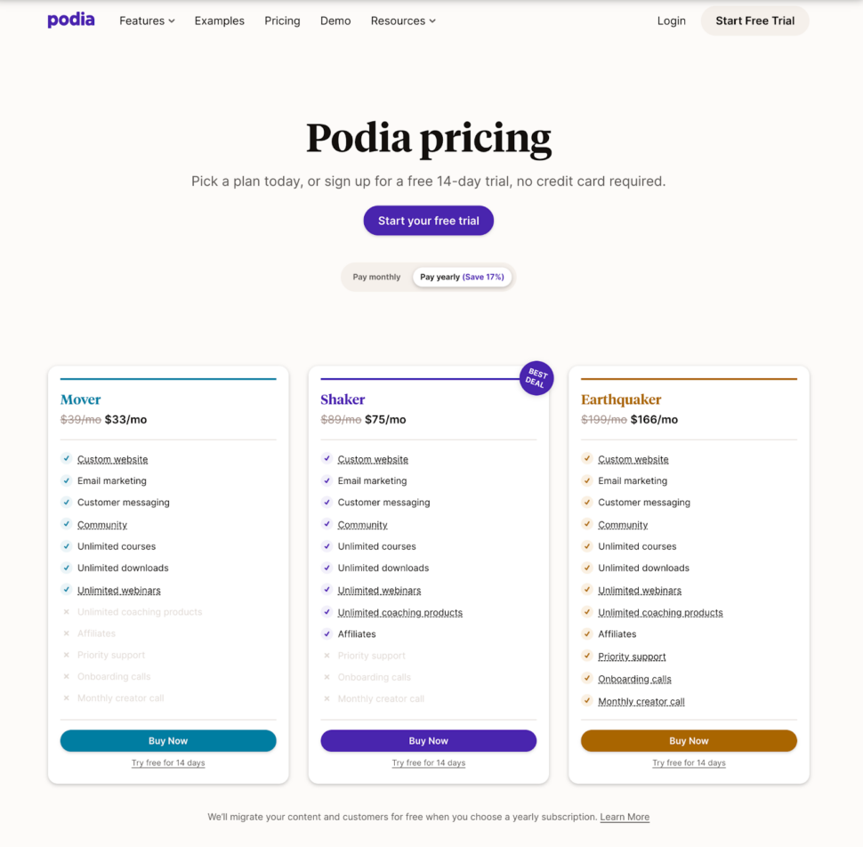 Podia pricing information