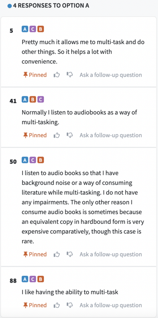 Comments from poll results for question, "Why do you listen to audiobooks?"