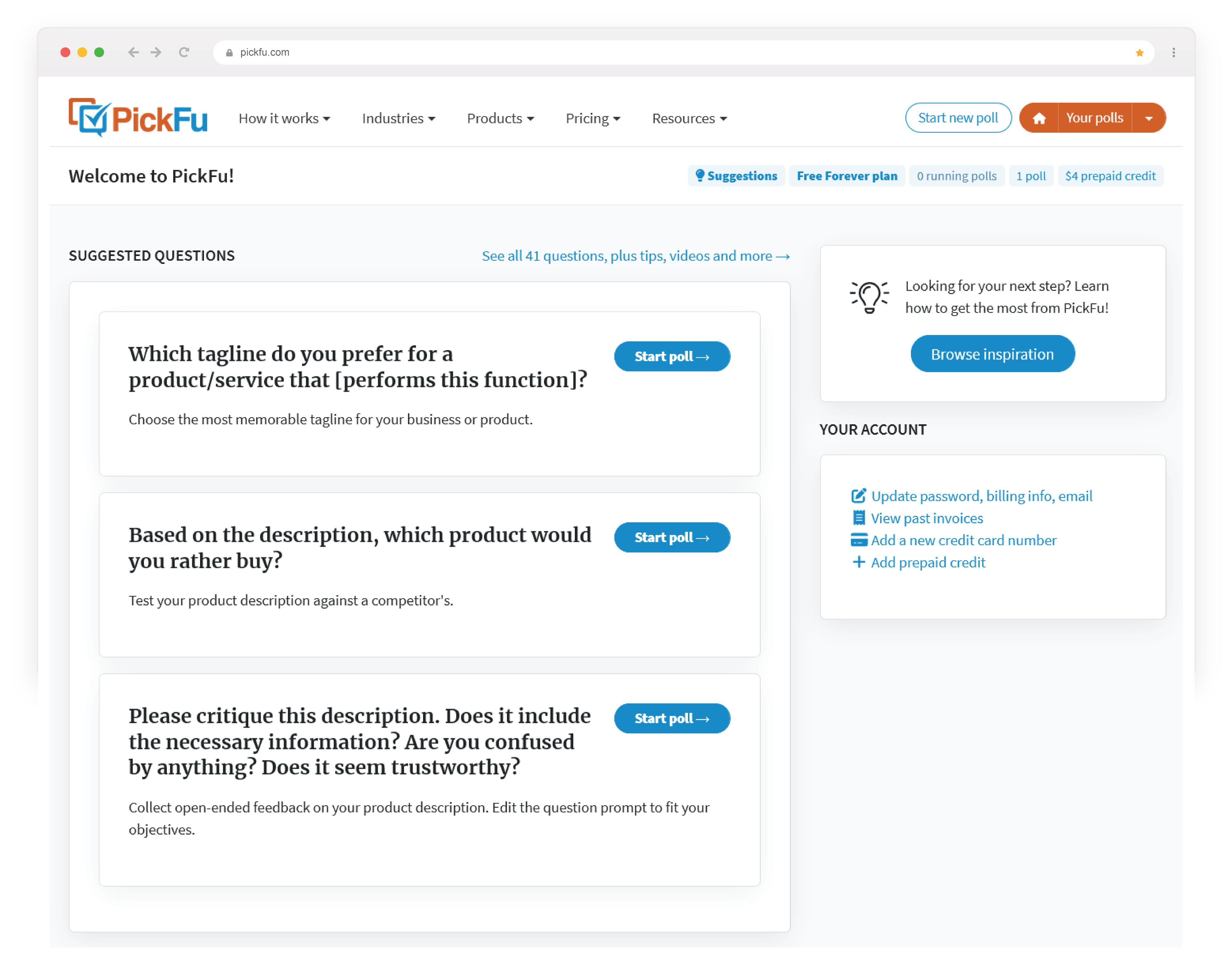 screenshot of PickFu customer education library in the main dashboard