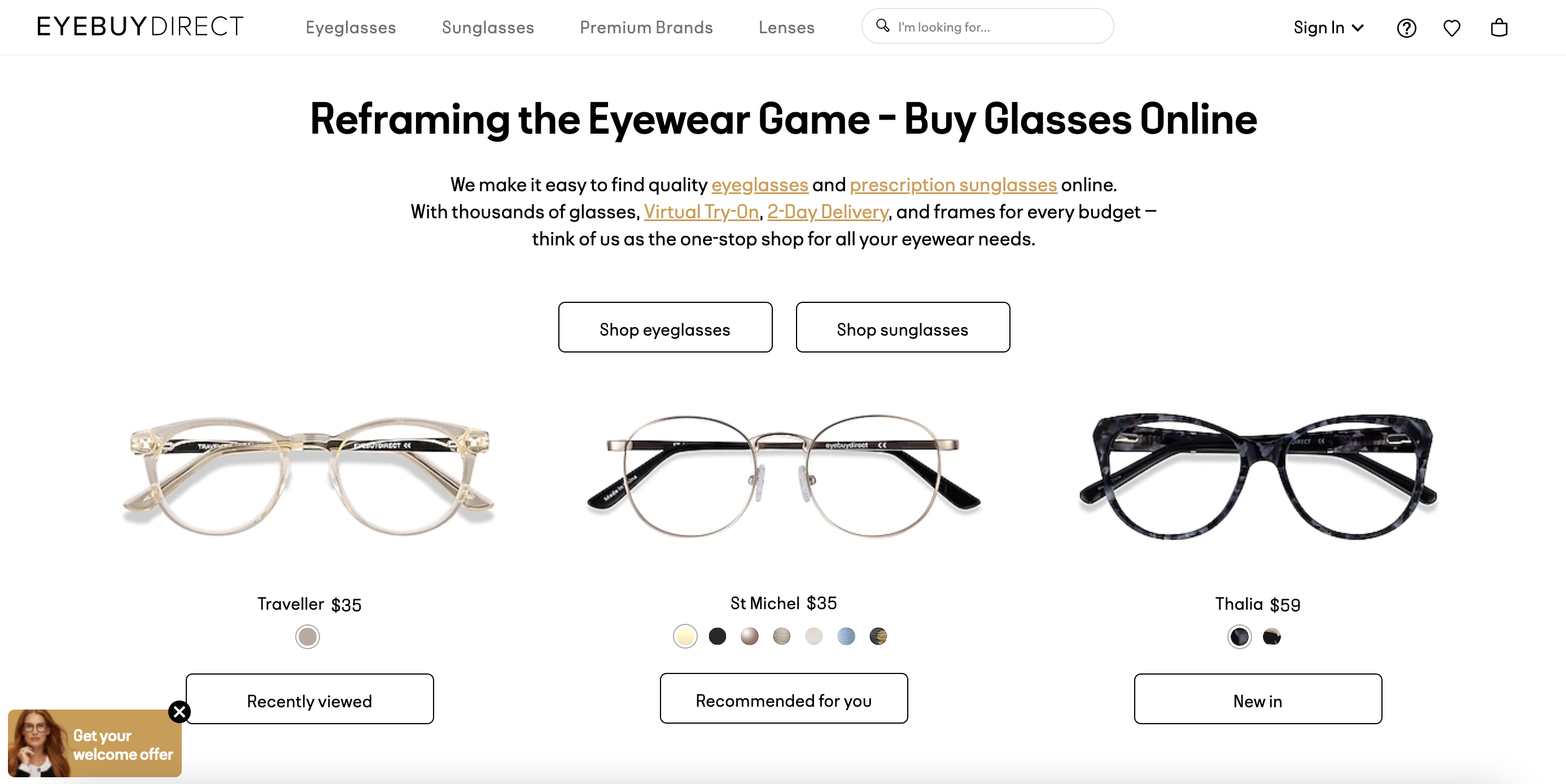 Example of personalization on the EyeBuyDirect website
