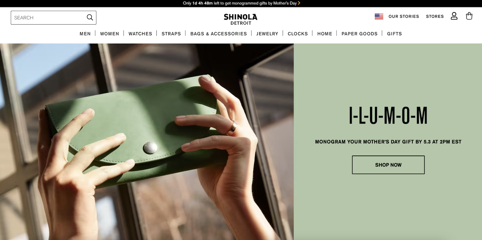 Homepage of the Shinola website 
