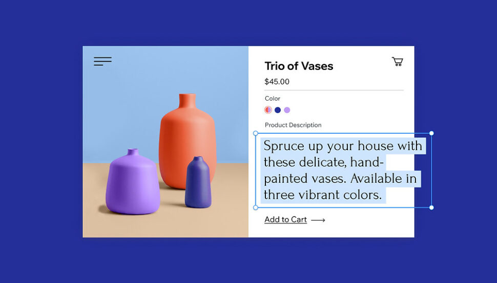 Trio of vases, product description example on an eCommerce store