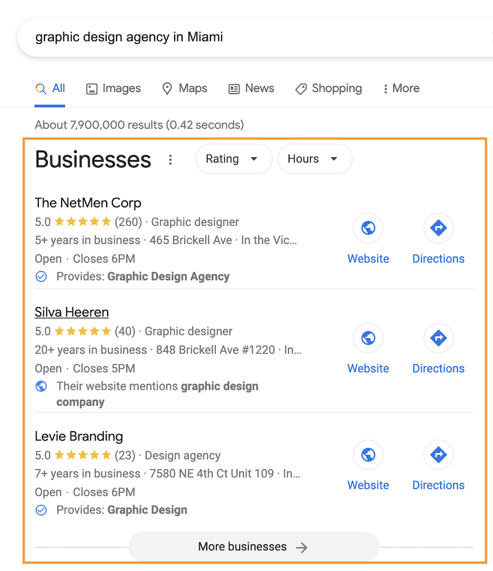 direct vs. indirect competition: screenshot of Google SERP for graphic design agency in Miami