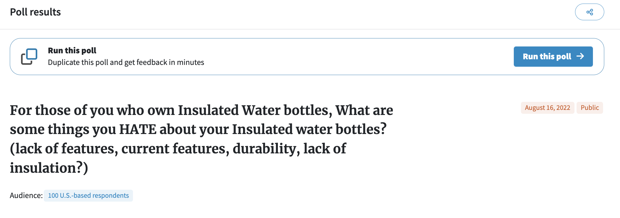Screenshot of PickFu poll for open-ended question about water bottles.