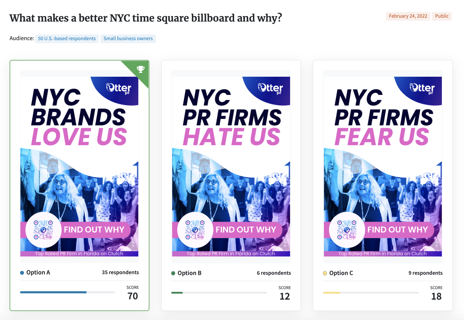 screenshot of PickFu poll testing copy for a billboard