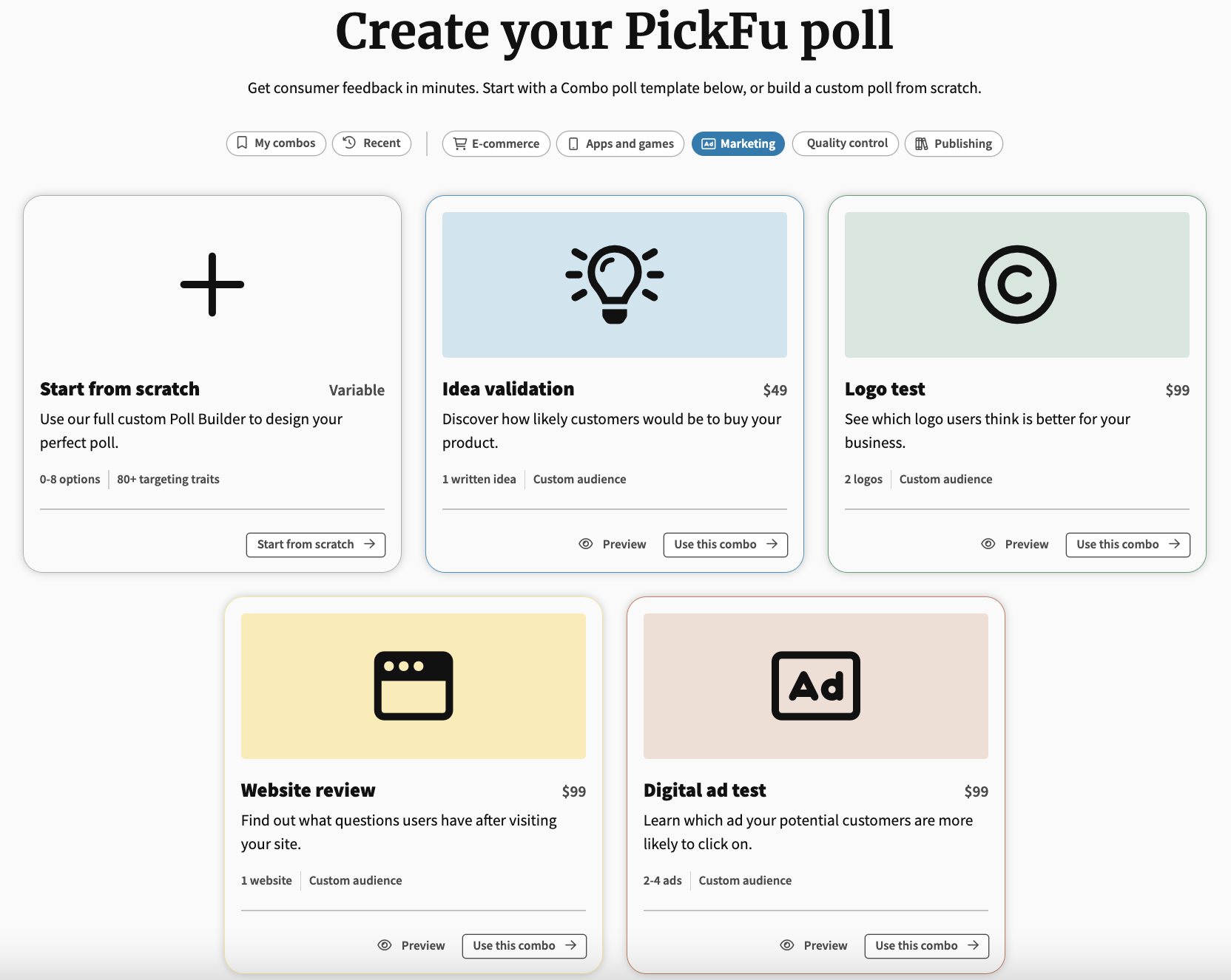 Screenshot of the PickFu combos and poll builder page with marketing test options