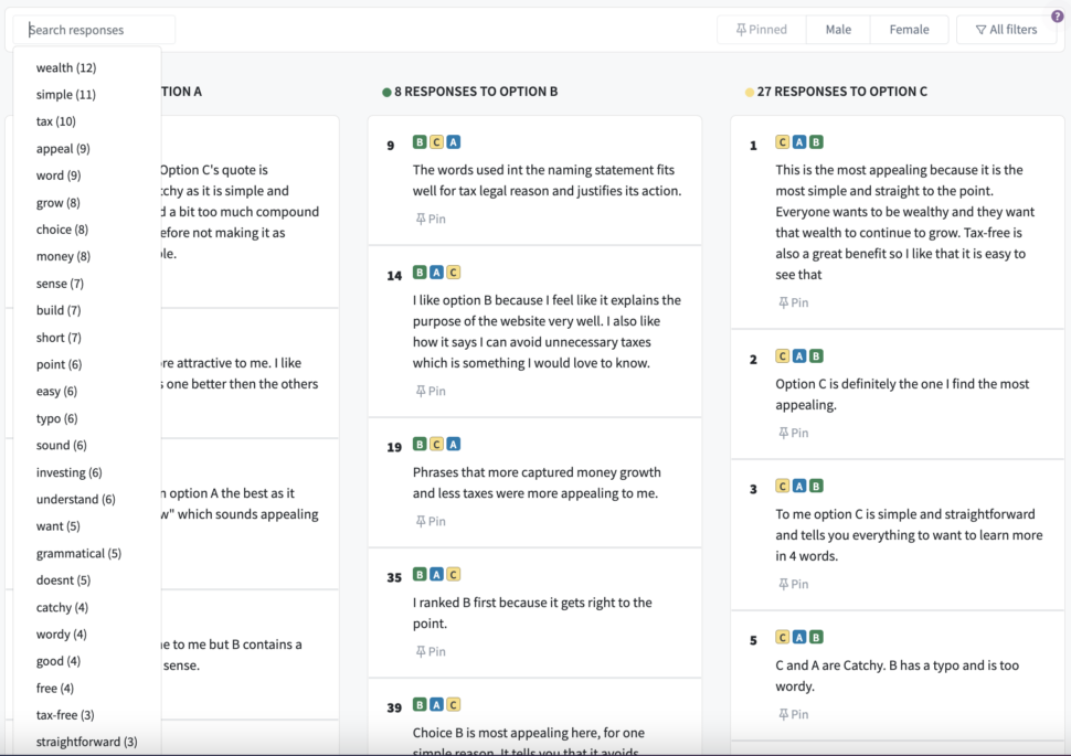 screenshot of the word filter for a PickFu poll testing options for a brand's value prop statement