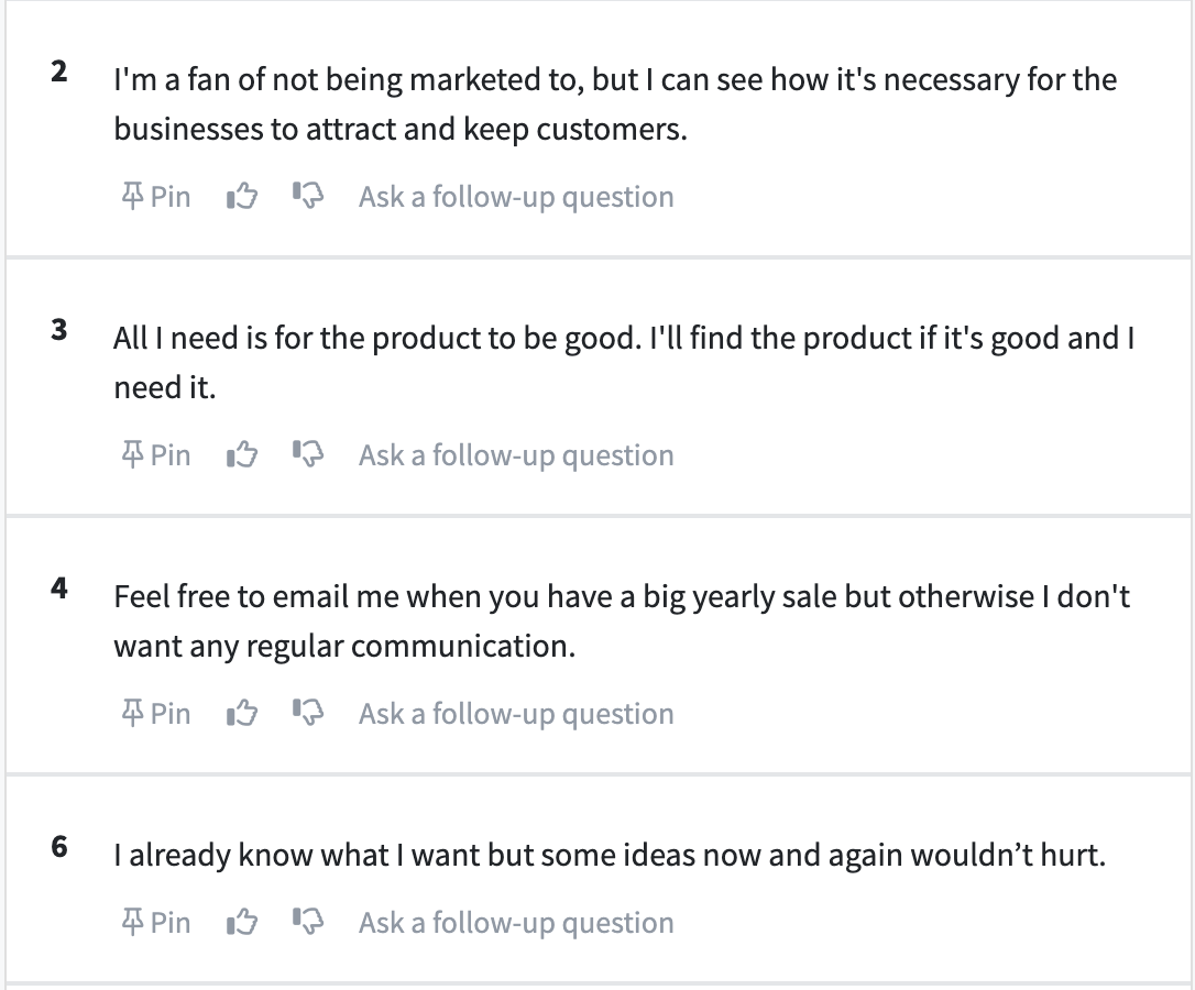 Screenshot of comments from PickFu poll about whether or not e-commerce companies should market to consumers