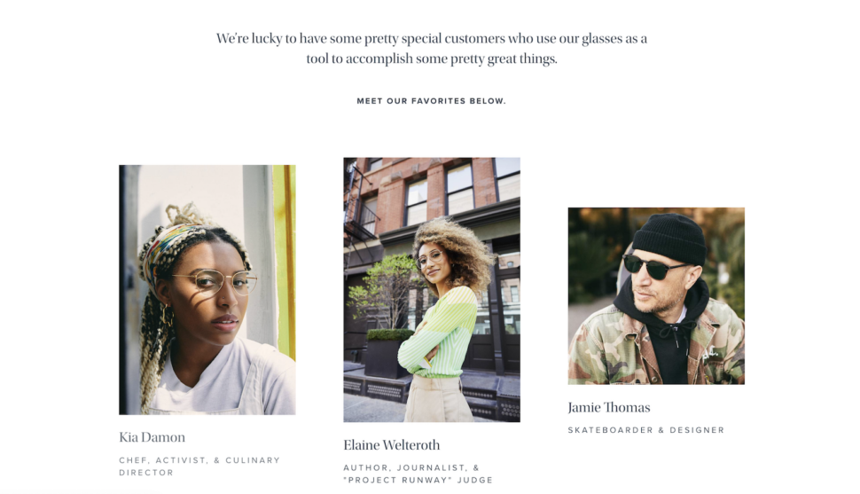 e-commerce marketing tips: Warby Parker features influencers and celebrities on its website.