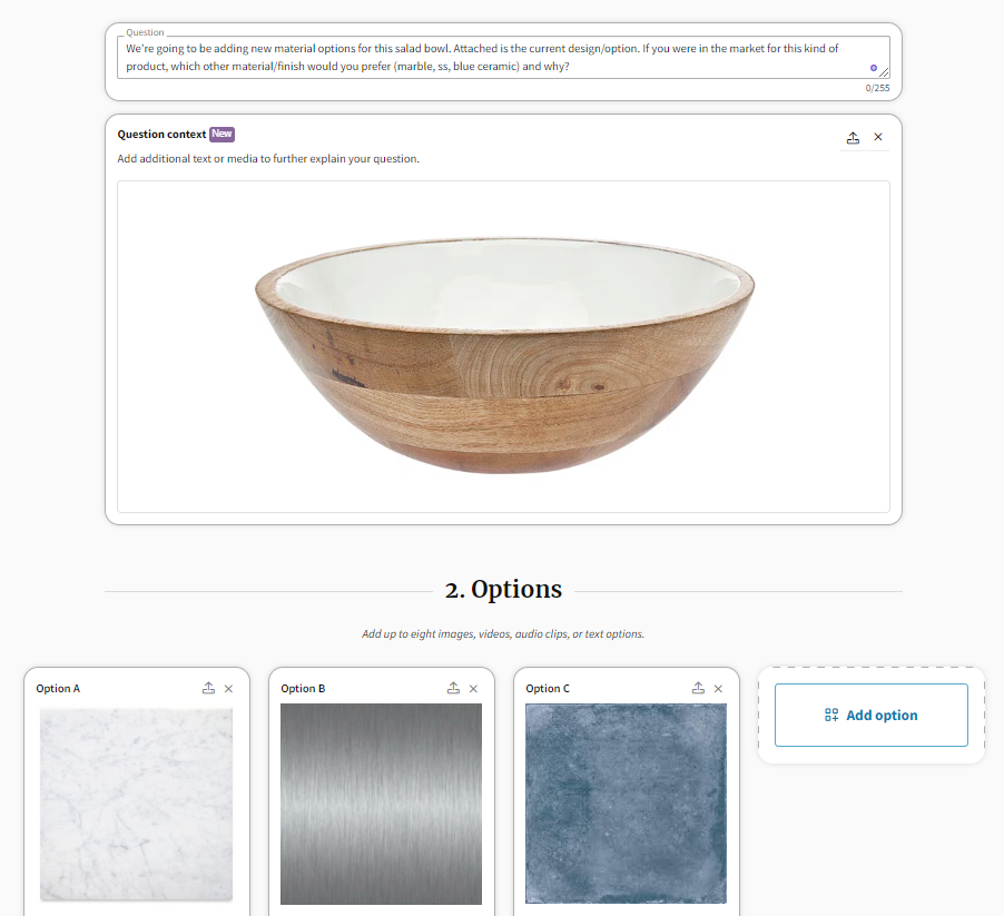 An image of a salad bowl using the Context Question feature in the PickFu Poll Builder.