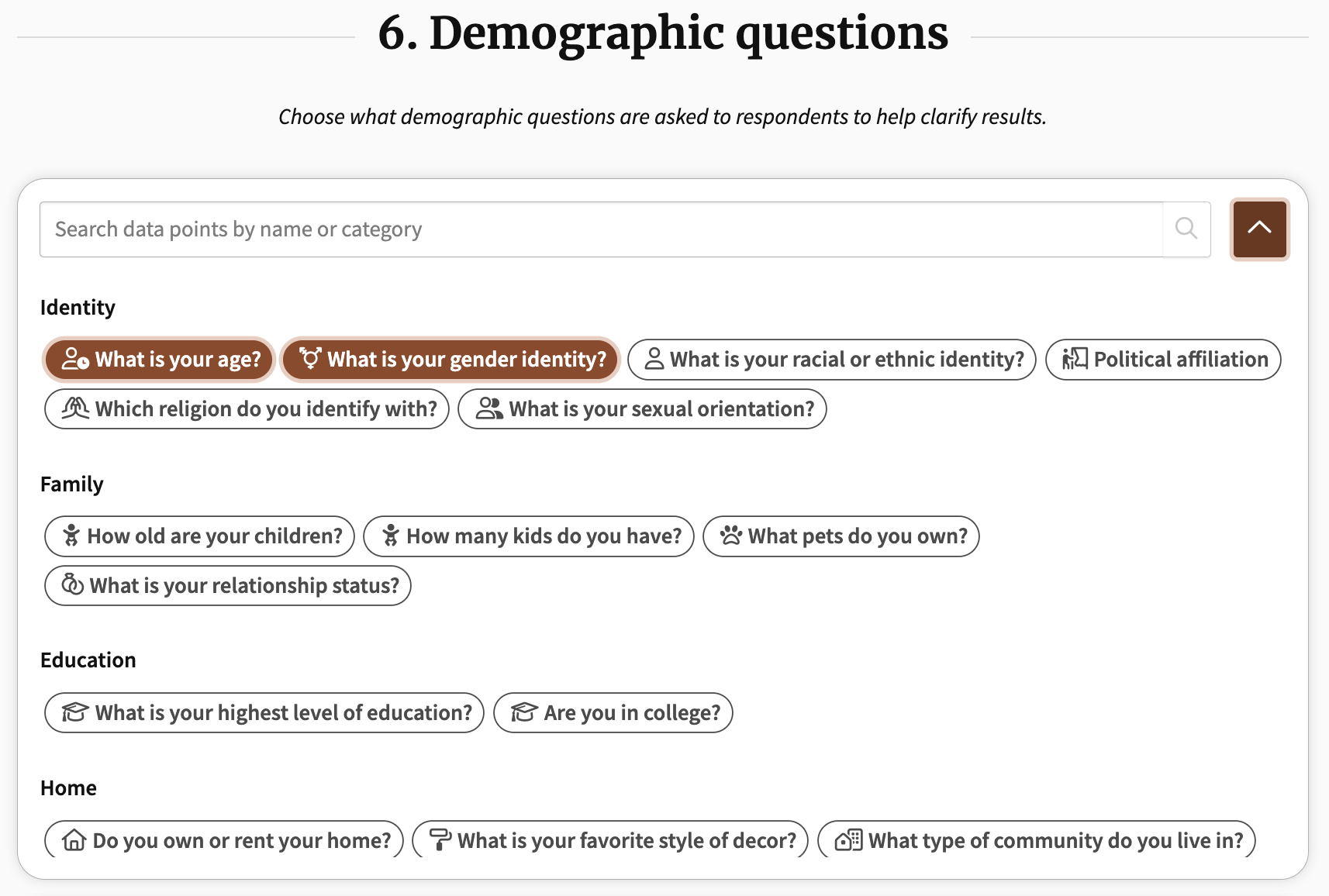 Screenshot of demographic questions in Poll Builder.