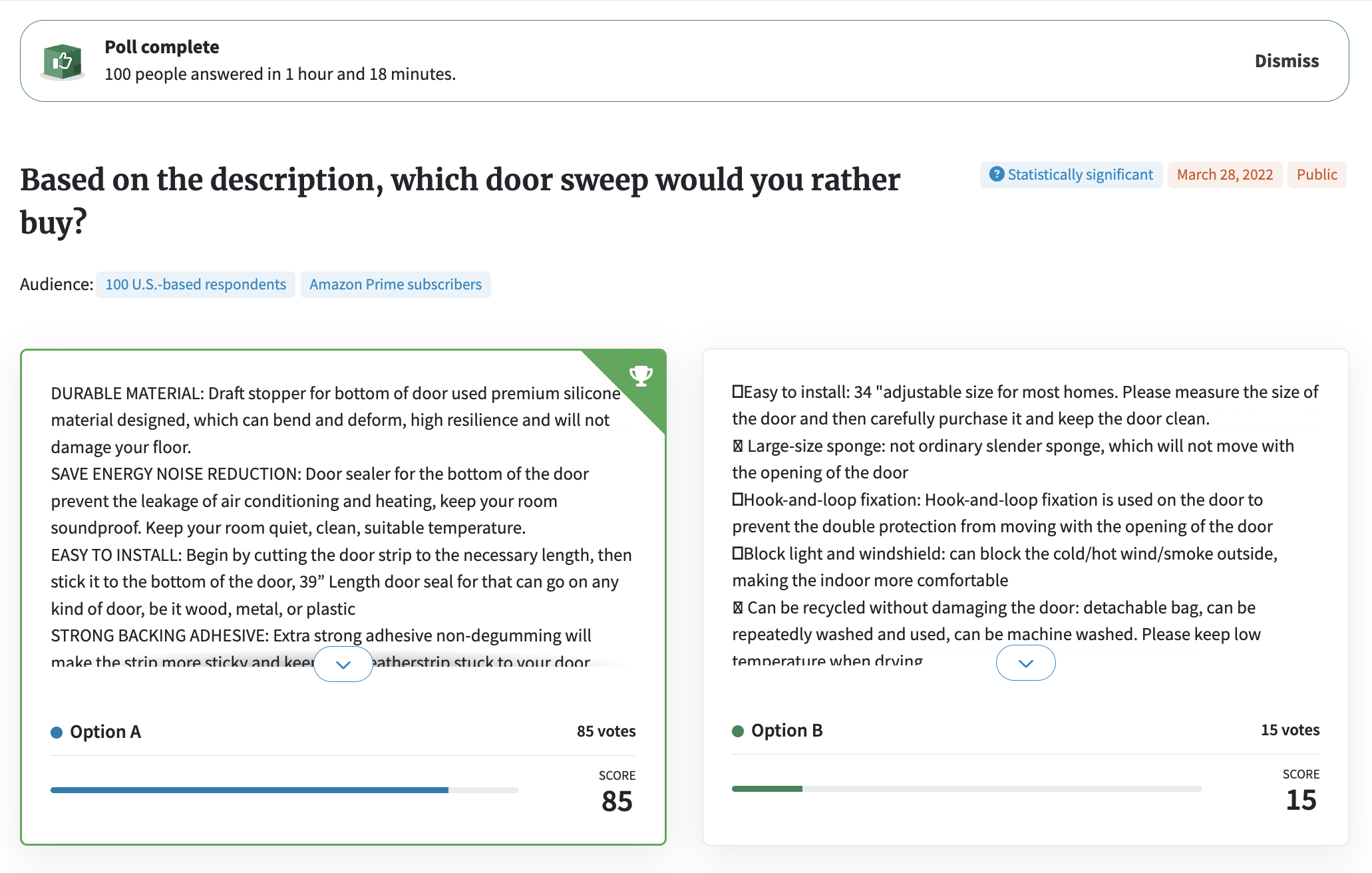 Screenshot of a PickFu poll results for a door sweep
