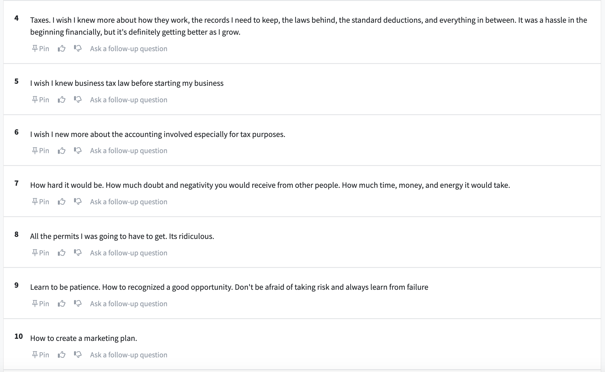 Screenshot of PickFu poll comments from small business owners about what they wished they'd known. 