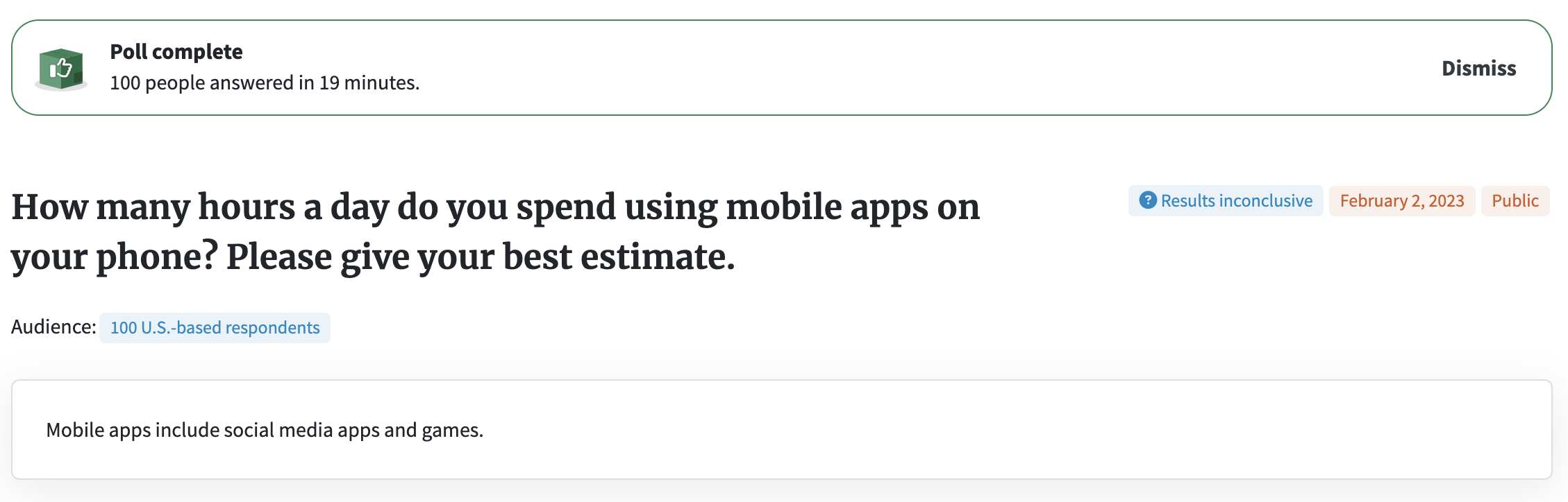 Screenshot of PickFu poll asking how many hours people spend using mobile apps