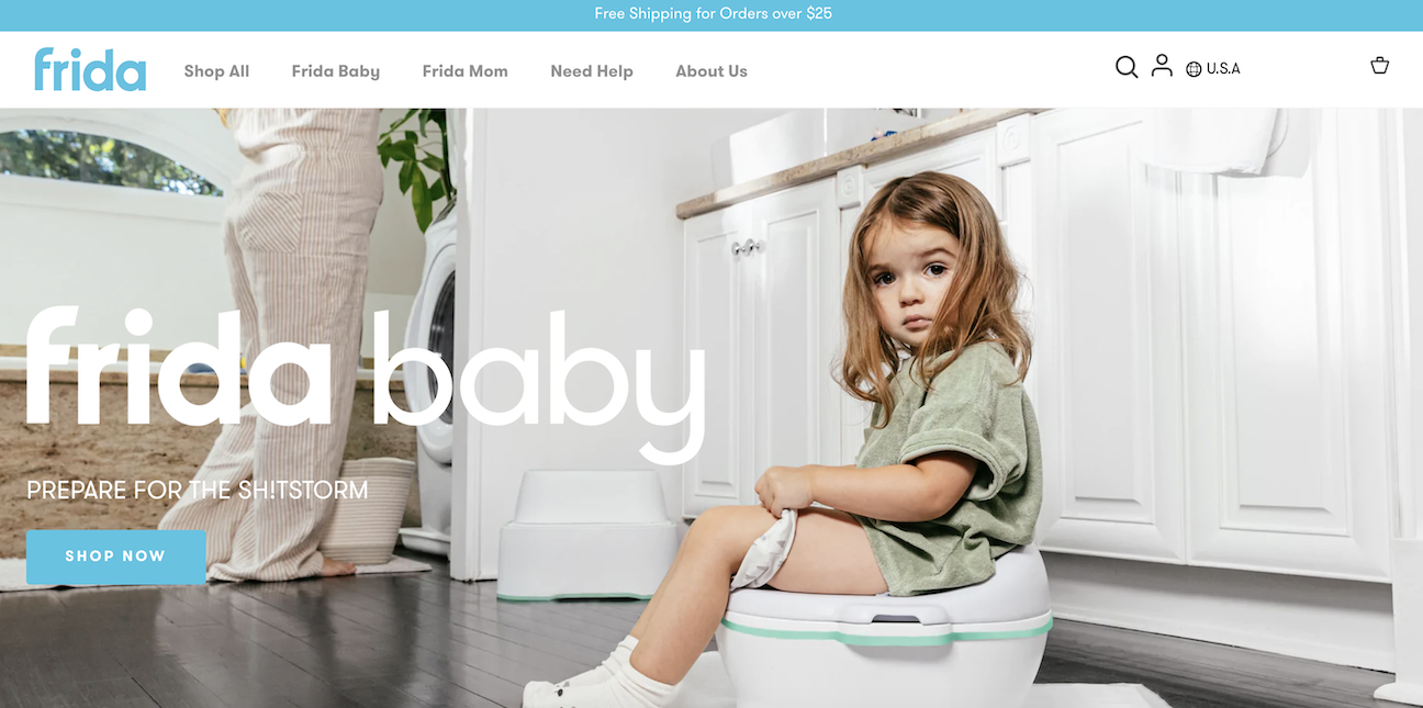 Homepage of Fridababy's website is a good example of brand voice.