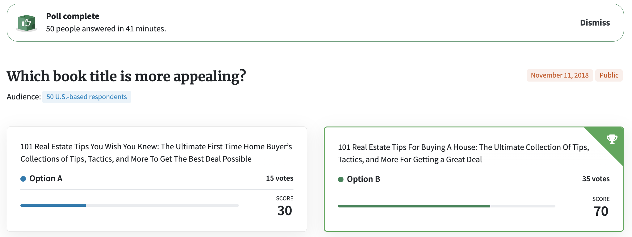 Double-barreled questions: Screenshot of PickFu poll testing real estate book title and subtitle.