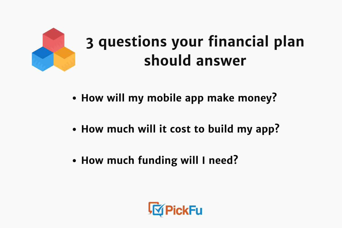 PickFu infographic with 3 questions your mobile app financial plan should answer