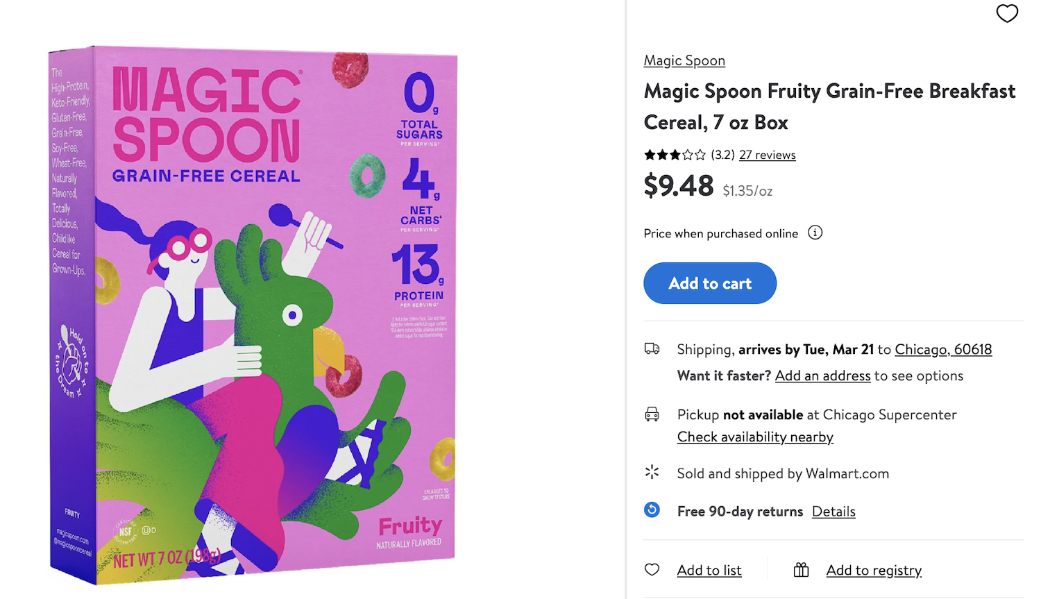 Walmart.com product listing for a healthy cereal 