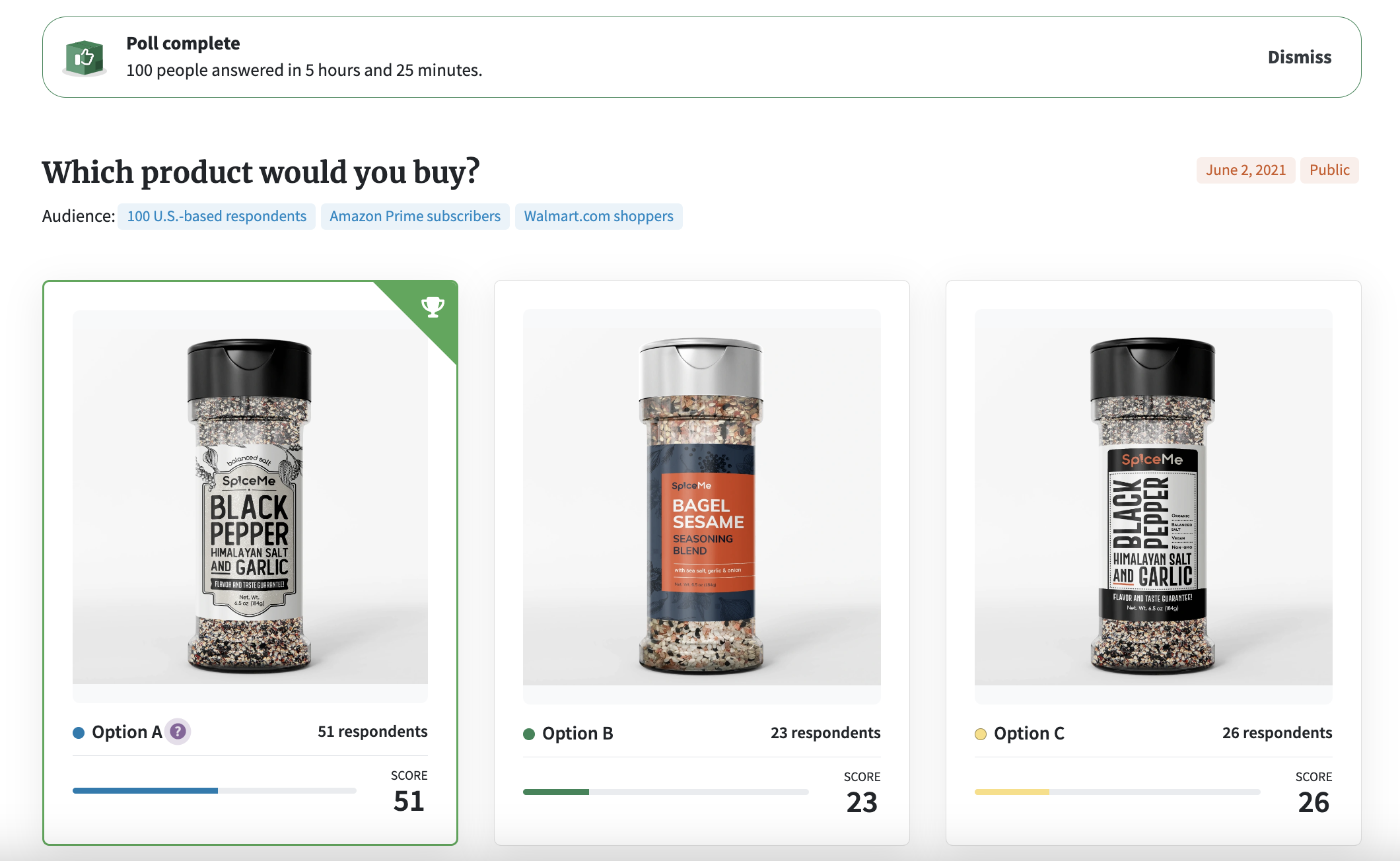 Screenshot of a PickFu poll targeting Amazon Prime members and Walmart shoppers.