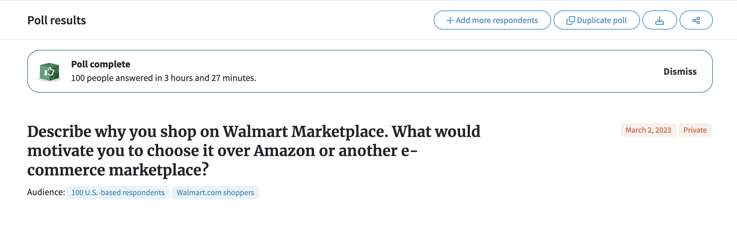 Screenshot of PickFu poll of Walmart shoppers asking why they like shopping on Walmart.