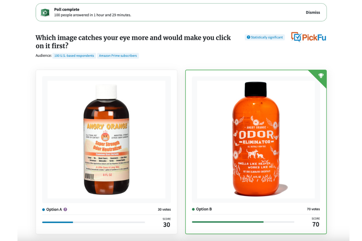 Screenshot of a PickFu poll testing bottle designs for Angry Orange, a product from Amazon FBA aggregator Thrasio